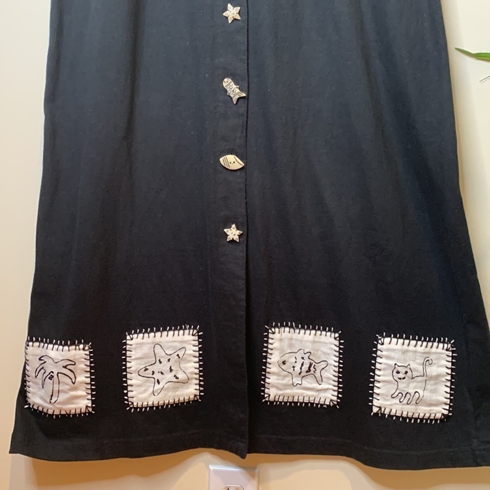 Country Wear 2000 Black Cotton Linen Fish Cat Patchwork Shortsleeve Maxi Dress M - Picture 16 of 17